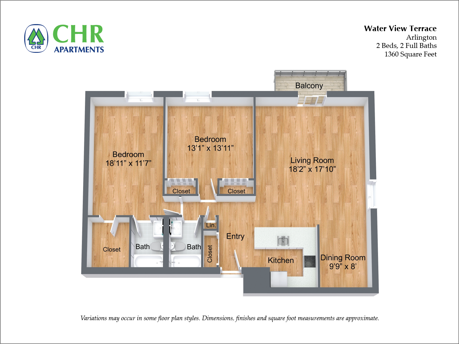 Floor plan for 2 beds, 2 baths, 1360 sqft